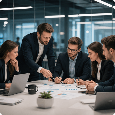 Team collaborating in a modern office lounge